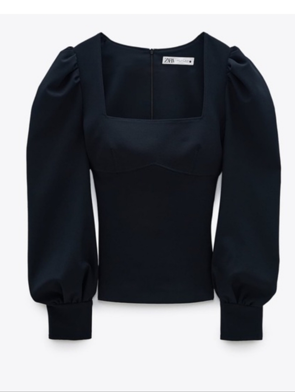 Zara Navy Blue Square-Neck Puff-Sleeve Long Sleeve Top